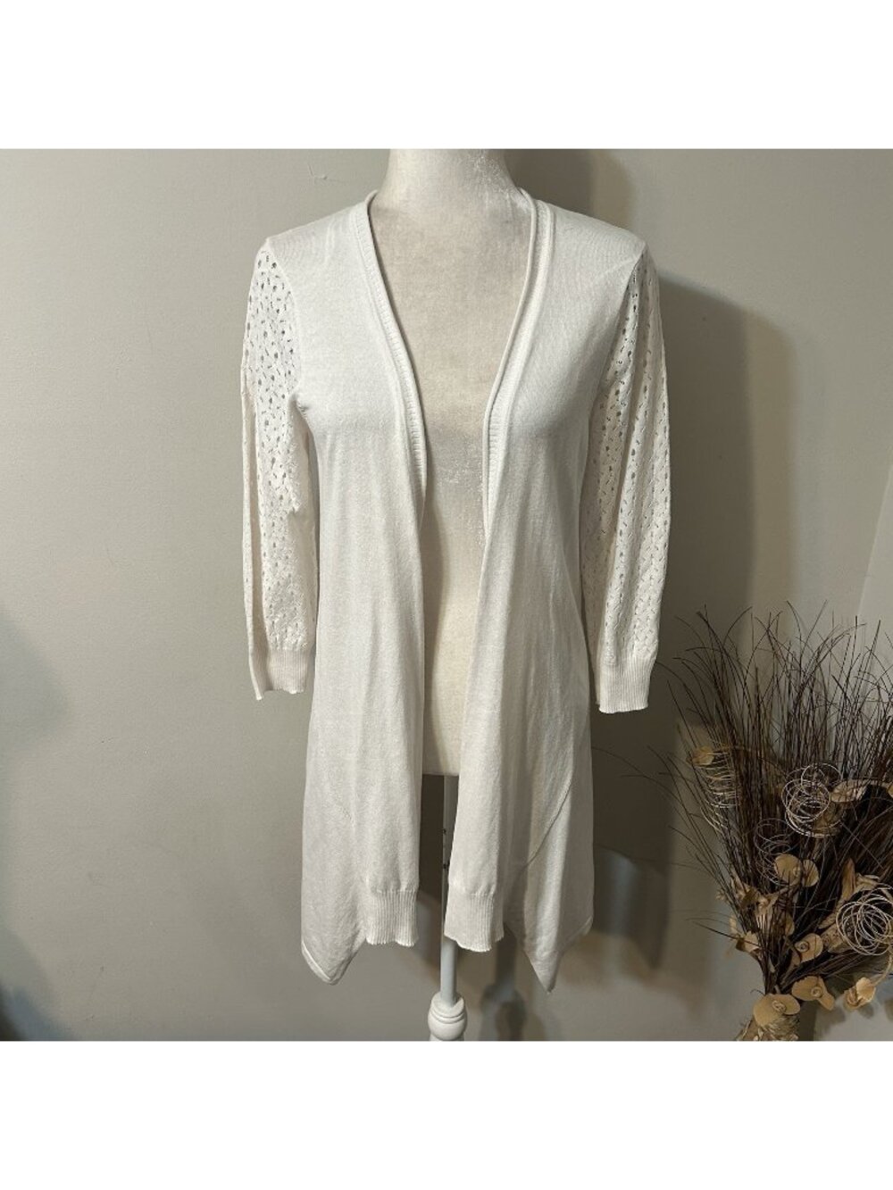 NWT Fever Women Cardigan Duster Ivory 3/4 Sleeve Open Knit Open Front Sz M Flaw